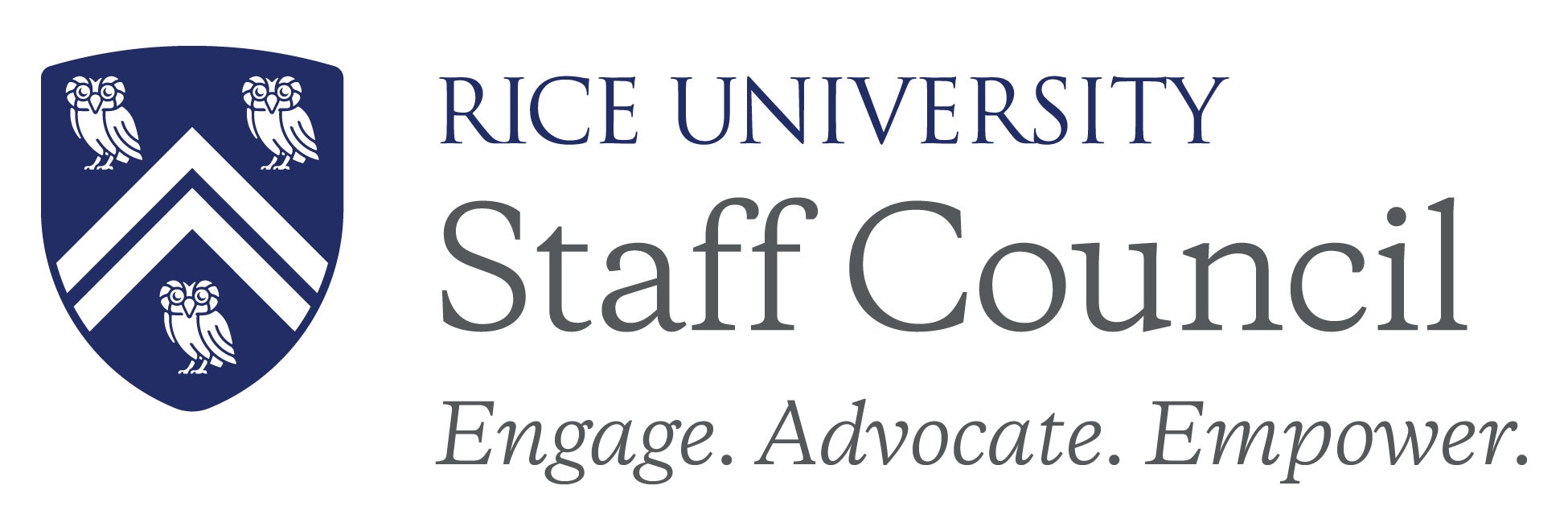 Rice crest with Rice University Staff Council. Tagline underneath reads Engage.Advocate.Empower.